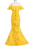 Vestido de noche con hombros descubiertos y espalda descubierta, sexy, color liso, color amarillo