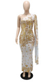 ゴールドファッションセクシーなパッチワークスパンコールシースルーバックレス斜め襟イブニングドレス