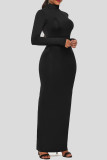 Vestidos de manga comprida pretos moda casual sólido básico gola alta