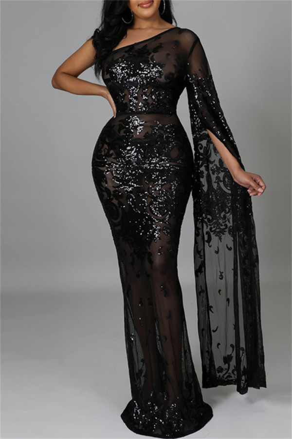 Schwarze Mode Sexy Patchwork Pailletten Durchsichtiges rückenfreies Abendkleid mit schrägem Kragen