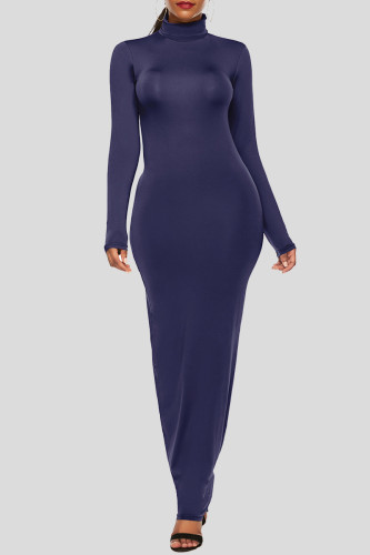 Deep Blue Fashion Casual Solid Basic Turtleneck Long Sleeve Dresses