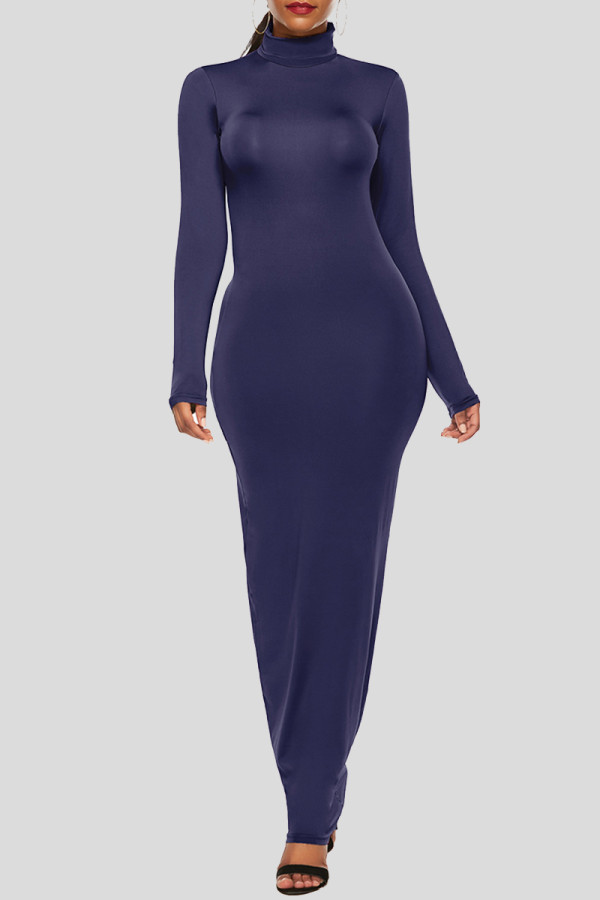 Deep Blue Mode Casual Solid Basic långärmade klänningar med turtleneck