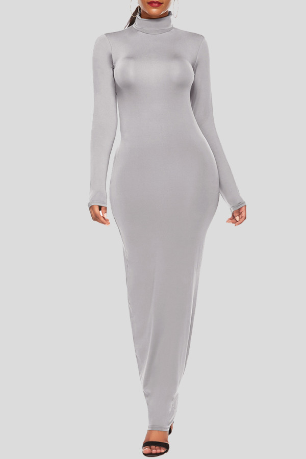 Grå Mode Casual Solid Basic Turtleneck långärmade klänningar