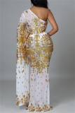 Gold Fashion Sexy Patchwork Pailletten Durchsichtiges rückenfreies Abendkleid mit schrägem Kragen