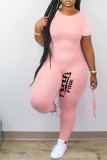 Pink Sexy Print Patchwork O Neck Skinny Jumpsuits