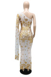 Золотая мода, сексуальное лоскутное вечернее платье с блестками, прозрачное вечернее платье с косым воротником и открытой спиной
