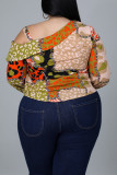 Khaki Fashion Casual Print Hollowed Out Oblique Collar Plus Size Tops