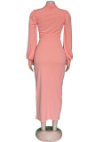 ピンクのファッションカジュアルソリッドフォールドVネック長袖プラスサイズのドレス