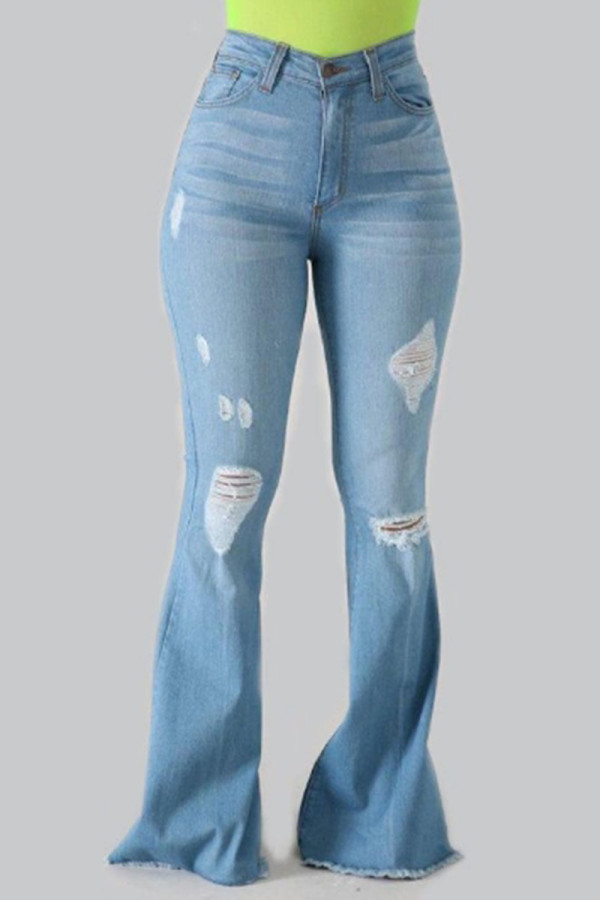 Babyblå Casual Street Solid Ripped Patchwork Jeans med hög midja