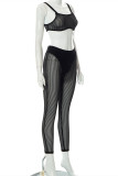 Black Fashion Sexy Solid See-through Vests Pants O Neck Sleeveless Two Pieces