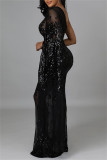 ブラックファッションセクシーなパッチワークスパンコールシースルーバックレス斜め襟イブニングドレス