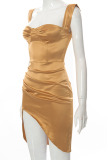 Gold Sexy Solide Patchwork Quadrat Kragen Unregelmäßigen Kleid Kleider