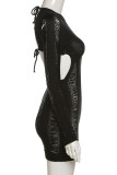 Черные сексуальные однотонные выдолбленные лоскутные уздечки с открытой спиной и круглым вырезом, платья с юбкой в ​​один шаг