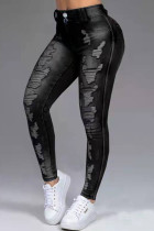Pantalones vaqueros de mezclilla de cintura alta de patchwork rasgados lisos de calle casual negro