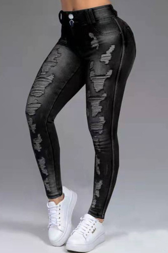 Schwarze, lässige Street-Solid-Jeans mit zerrissenem Patchwork und hoher Taille