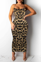 Gold Sexy Spaghetti Strap Leopard Dress