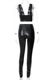 Black Fashion Sexy Solid Backless V Neck Sleeveless Two Pieces Crop Tops And Pants Sets