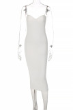 ホワイトファッションセクシーなソリッドバックレススパゲッティストラップロングドレス