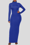 ディープ ブルー ファッション カジュアル ソリッド ベーシック タートルネック ロング スリーブ ドレス