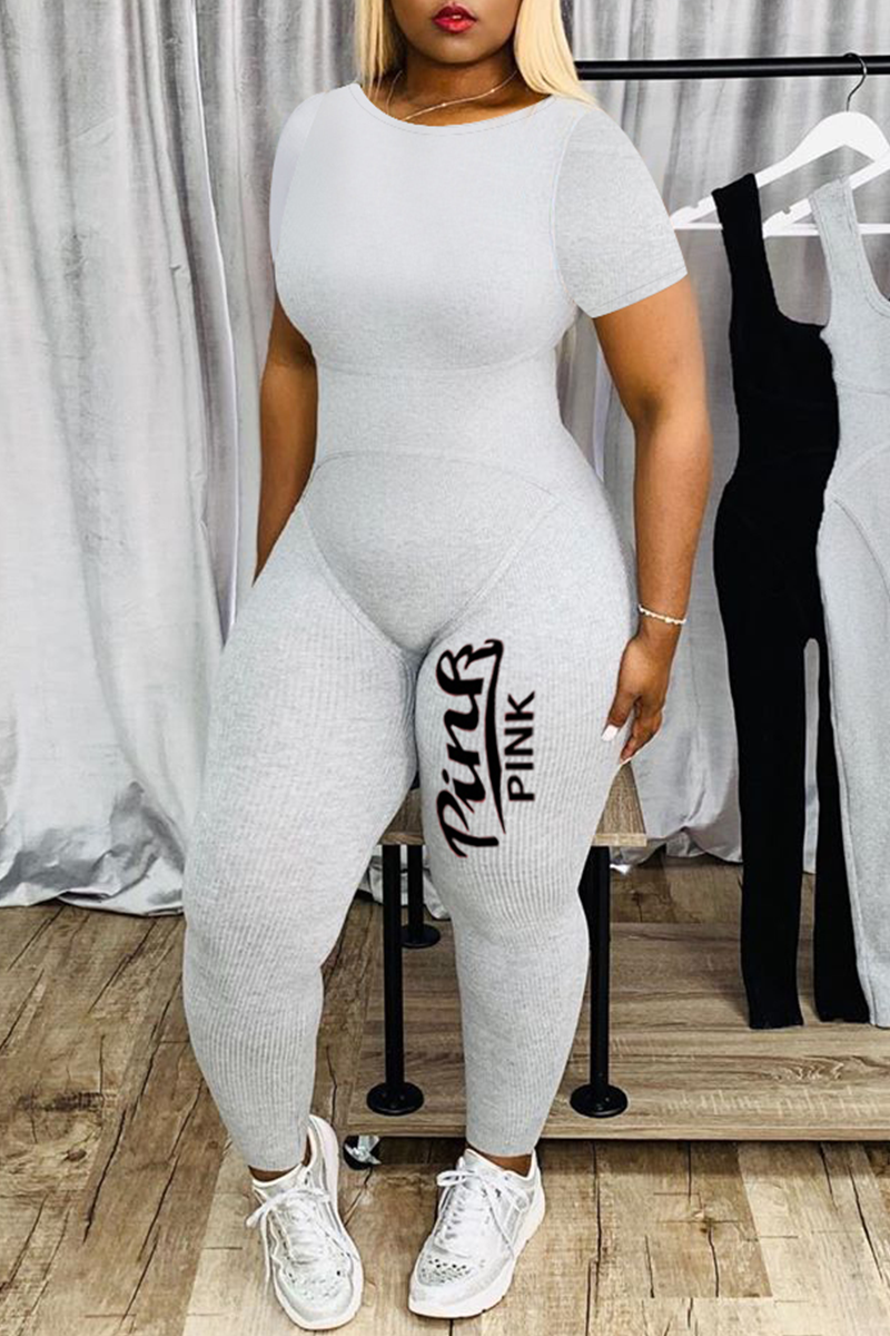 

Grey Sexy Print Split Joint O Neck Skinny Jumpsuits
