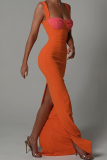 オレンジのセクシーなソリッドパッチワークスクエアカラー不規則なドレスドレス
