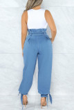 Pfauenblaue, lässige, feste Bandage-Patchwork-Denim-Jeans mit hoher Taille