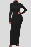 Черные модные повседневные однотонные базовые платья с высоким воротником и длинными рукавами
