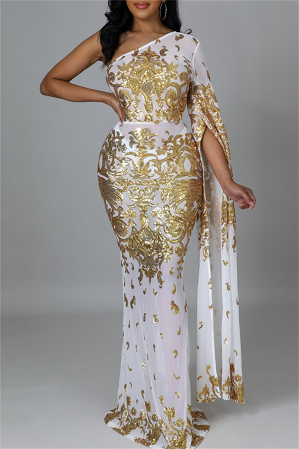 Gold Fashion Sexy Patchwork Pailletten Durchsichtiges rückenfreies Abendkleid mit schrägem Kragen