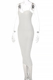 Vestido longo branco fashion sexy sem costas com alça de espaguete