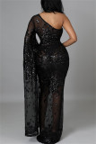 Schwarze Mode Sexy Patchwork Pailletten Durchsichtiges rückenfreies Abendkleid mit schrägem Kragen