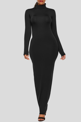 Black Fashion Casual Solid Basic Turtleneck Long Sleeve Dresses