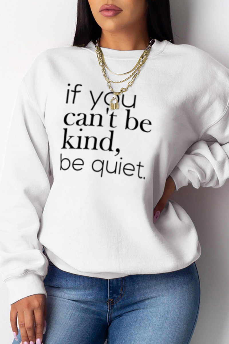 

White Casual Print Split Joint Letter O Neck Tops