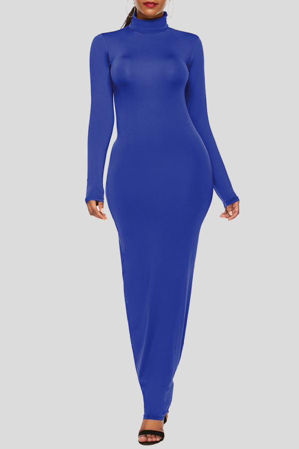 ロイヤル ブルー ファッション カジュアル ソリッド ベーシック タートルネック ロング スリーブ ドレス
