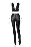 Black Fashion Sexy Solid Backless V Neck Sleeveless Two Pieces Crop Tops And Pants Sets