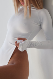 White Sexy Solid Patchwork Half A Turtleneck Skinny Bodysuits