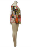 Khaki Fashion Casual Print Hollowed Out Oblique Collar Plus Size Tops