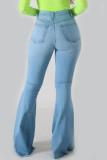 Голубые повседневные уличные однотонные рваные джинсовые джинсы с высокой талией в стиле пэчворк