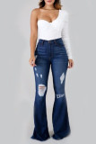 Jeans jeans casual cintura alta com patchwork rasgado azul bebê