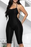 Brown Sexy Striped Patchwork Spaghetti Strap Skinny Rompers