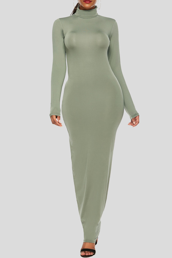 グリーンファッションカジュアルソリッドベーシックタートルネック長袖ドレス
