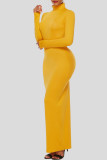 Naranja amarillo moda casual sólido básico cuello alto manga larga vestidos