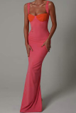 Roze sexy effen patchwork vierkante kraag onregelmatige jurk Jurken