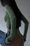 Macacão skinny verde sexy com retalhos sólidos e meia gola alta