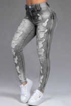 Grey Casual Street Solid Patchwork High Waist Ripped Denim Jeans