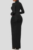 ブラックファッションカジュアルソリッドベーシックタートルネック長袖ドレス