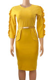 Vestidos de falda de un paso con cuello en O de orillo fibroso de patchwork sólido casual amarillo