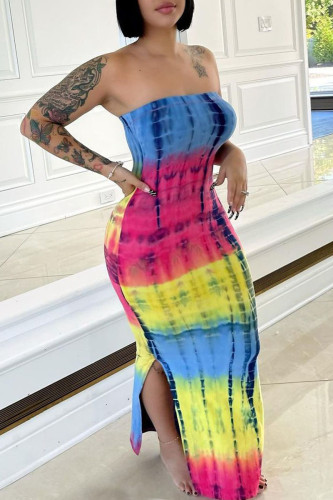 Colour Sexy Print Patchwork Slit Strapless One Step Skirt Dresses
