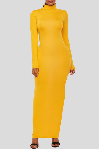 Orange Yellow Fashion Casual Solid Basic Turtleneck Long Sleeve Dresses