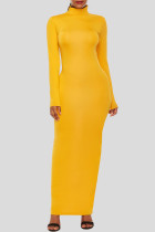 Оранжево-желтые модные повседневные однотонные базовые платья с длинным рукавом с высоким воротником