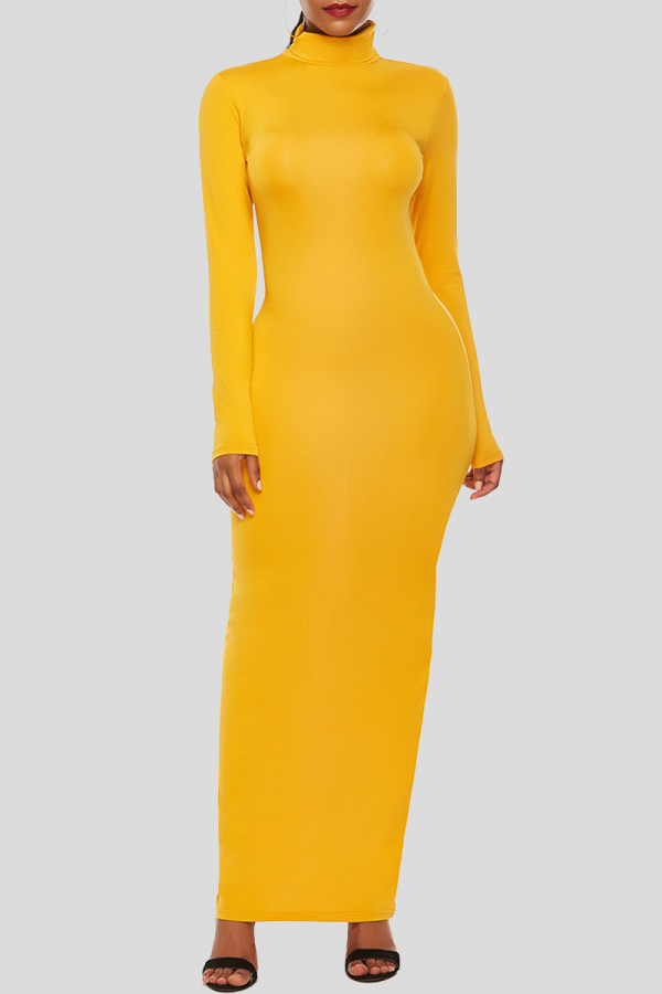 Naranja amarillo moda casual sólido básico cuello alto manga larga vestidos